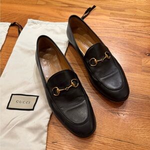 Gucci Jordaan Women Black Leather Horsebit Loafers Size 37.5